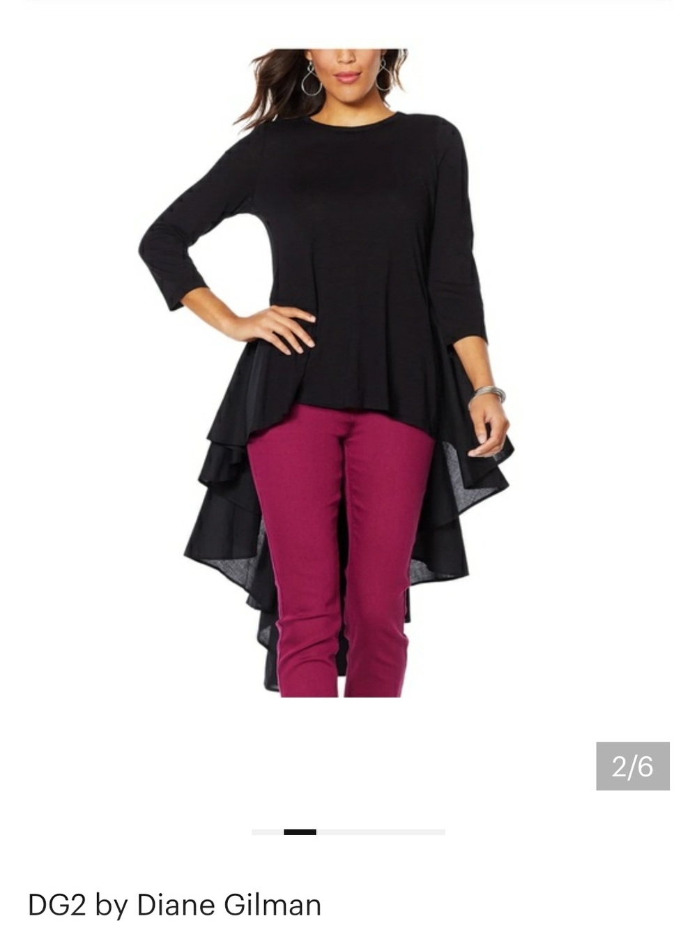 DG2 by Diane Gilman Black High-Low Ruffle Back Tunic